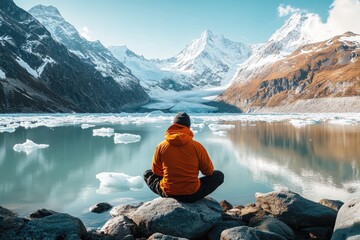 Man meditates lakeside, serene mountain view, ice floes
