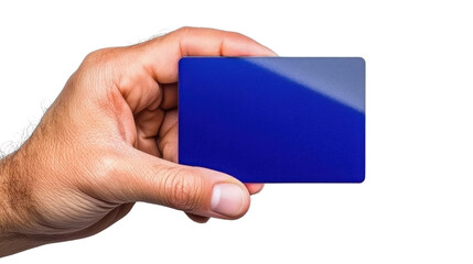 Close up shot of a human hand holding a blue plastic credit or debit card against a simple white background showcasing the minimalist design and financial transaction concept