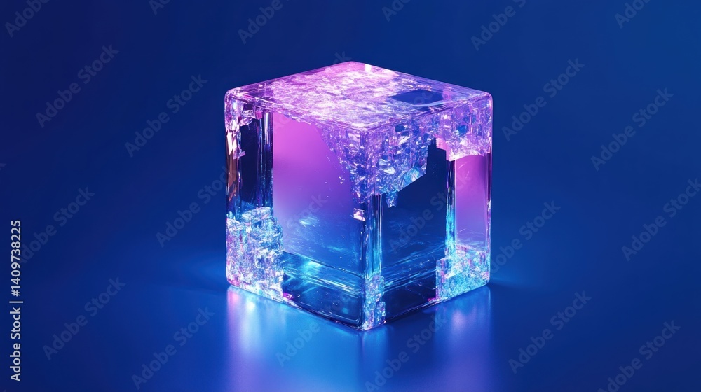 Aufkleber iridescent crystal cube against a cool blue backdrop showcasing fractured facets and a vibrant gradi