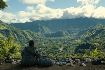 Fototapeta premium Person Sitting Near Garbage Overlooking Lush Mountain Landscape