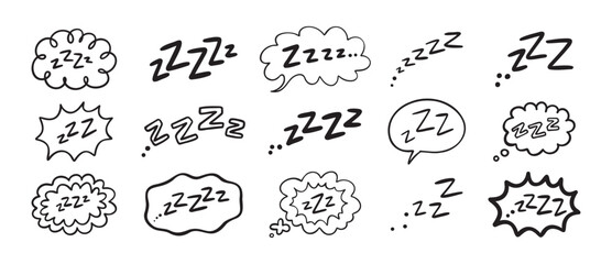 Zzz Zzzz bed sleep snore sound bubble set, snooze nap Z sound icon cloud set. Sleepy Zzz doodle hand drawn line icons