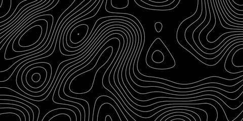 A seamless black and white topographic map pattern featuring stylized contour lines that represent elevation. This vintage-inspired design captures the classic look of outdoor maps with intricate line