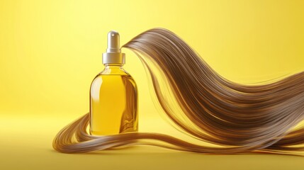 Naklejka premium luxurious hair care essence featuring a sleek bottle of golden oil juxtaposed with flowing tresses against a vibrant yellow backdrop symbolizing nourishment and radiance for hair health and beauty