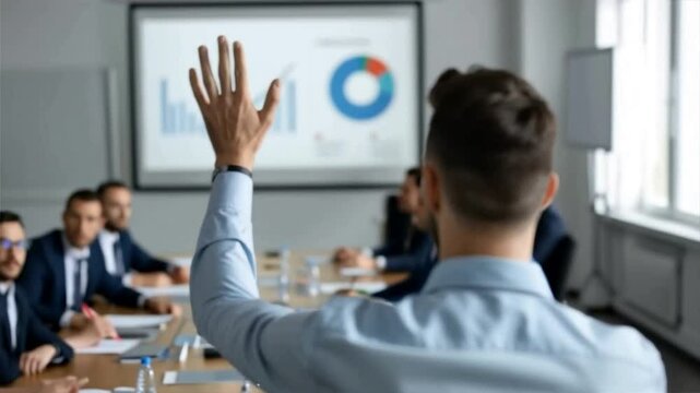 A businessman raises his hand to ask a question during a corporate meeting with colleagues and presentations in background.