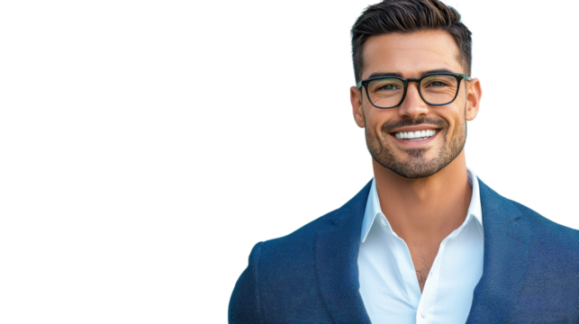 A smiling well dressed businessman with a confident friendly expression wearing stylish glasses and a tailored suit representing success and professionalism in the corporate world