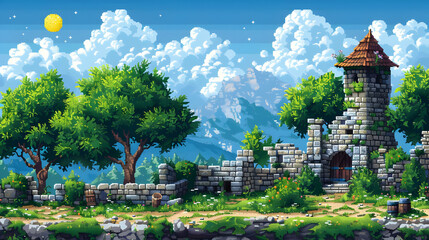 Obraz premium Pixel Art of Old Stone Tower Ruins Amid Green Trees Under Blue Sky with Fluffy Clouds and a Pale Moon