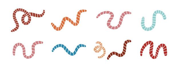 cartoon cute worm or earthworm set icons. Colorful worms with stripes collection 