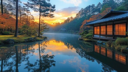 Fototapeta premium Autumnal Japanese Garden Sunrise Reflection