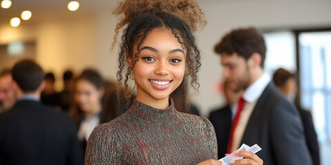A woman with curly hair is smiling and holding a ticket