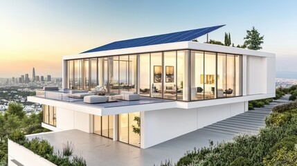 Modern residential home with solar panels overlooking cityscape hyperrealistic render sunset view