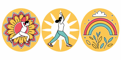 Cartoon Yoga Meditation Rainbow Sun Mandala Icons