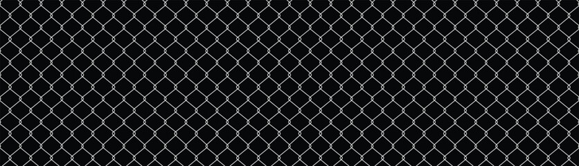Fototapeta premium Minimalist repeating chain-link fence pattern in white on black. Symmetrical diamond grid design, flat vector illustration. Seamless geometric backdrop for technical, neutral themes.