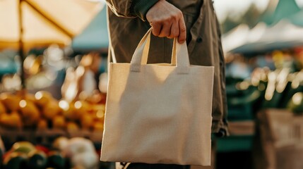 Person holding tote bag at farmers market sunset