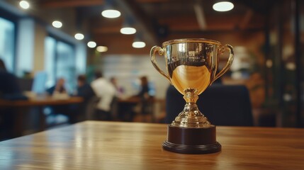 Golden Trophy on Wooden Table in Modern Workspace Environment