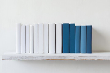 White and blue books arranged neatly on a shelf a calming minimalist display