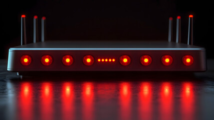 Dark Network Router with Red Lights, Reflective Surface, Tech Background