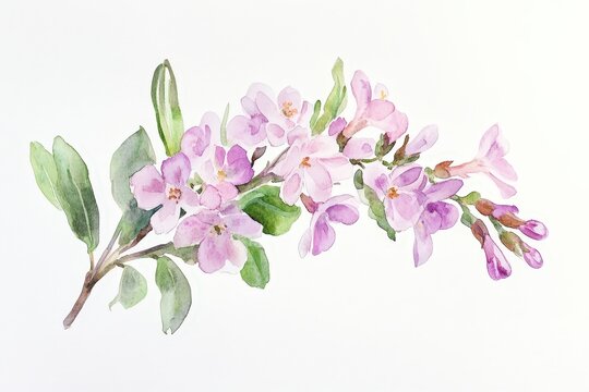 Watercolor depiction of delicate pink blossoms on a branch.