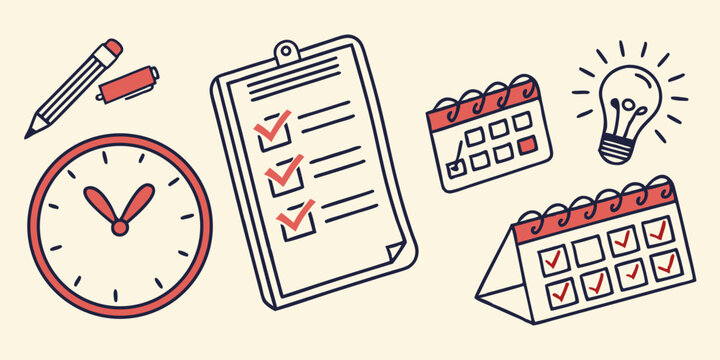 Planning Organization Cartoon Icons: Clock, Checklist, Calendar, Idea Vector Art - Powered by Adobe