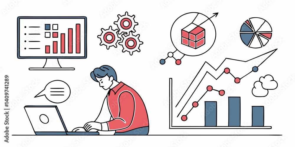 Poster data analysis and business reporting: person working on laptop with charts and graphs vector art