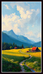 Mountain landscape in oil paint. Pattern for printing on wall decorations, covers, wallpapers