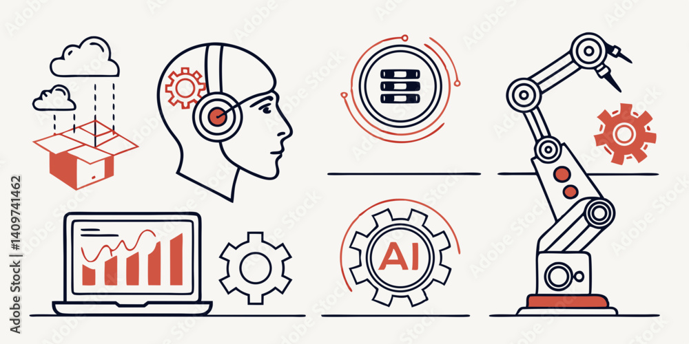 Aufkleber ai automation vector illustration cloud computing data storage machine learning human head gear lapt