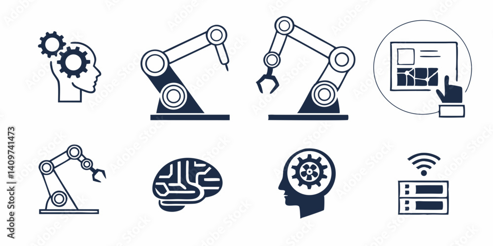 Poster automation ai industry 4.0 vector icons robot arms brain gears server control panel flat design