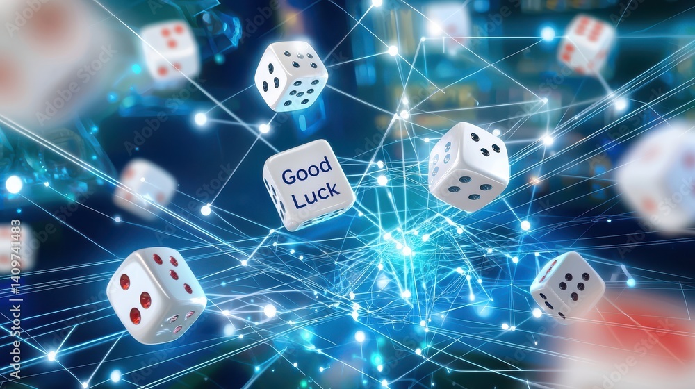 Poster rolling dice with good luck message virtual casino digital art energetic environment dynamic viewpoi
