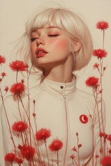Naklejka premium Woman with blonde hair surrounded by red flowers eyes closed serene expression.