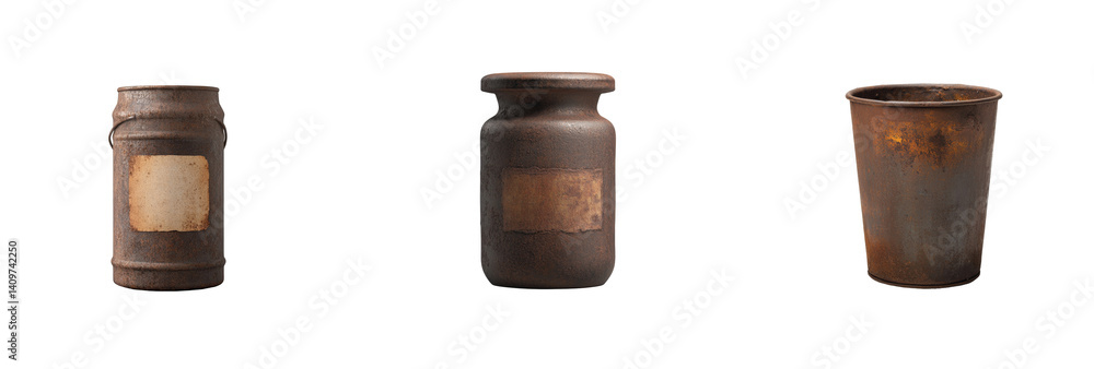 Poster old rusty metal containers with blank labels showing visible age and weathered texture