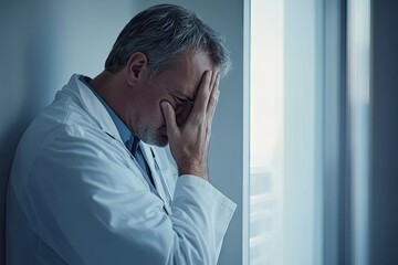 A distraught doctor leans against a wall, hand covering his face, showcasing exhaustion and stress
