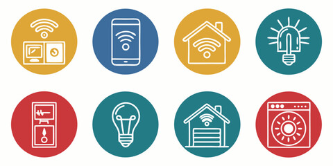 Fototapeta premium Smart Home Automation IoT Technology Wifi Icons Set House Computer Smartphone Lightbulb Washing Machine Smart Meter Garage Vector Flat Design