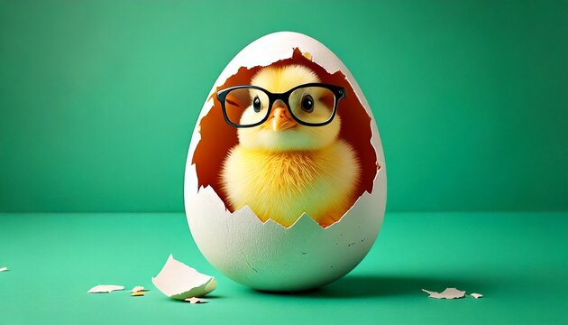 Chick with glasses sitting in an eggshell. Easter background with space for text