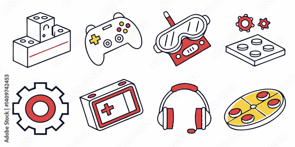 Poster isometric video game icons set controller vr headset headphones building blocks gears handheld conso