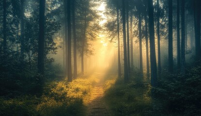 Naklejka premium Sunlit path through a misty, dark forest