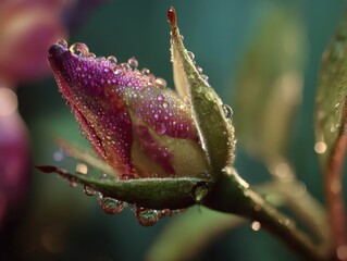 Fototapeta premium A vibrant floral bud glistens with dewdrops, poised to bloom in a burst of color and life on a crisp morning.