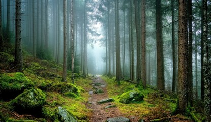 Obraz premium Misty forest path, moss-covered rocks, and tall trees