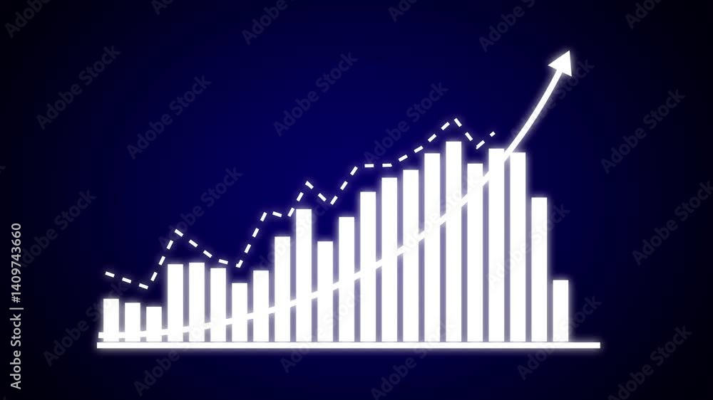 Poster motion animated footage. statistics bars columns growth, arrow up. finance, business infographic ani