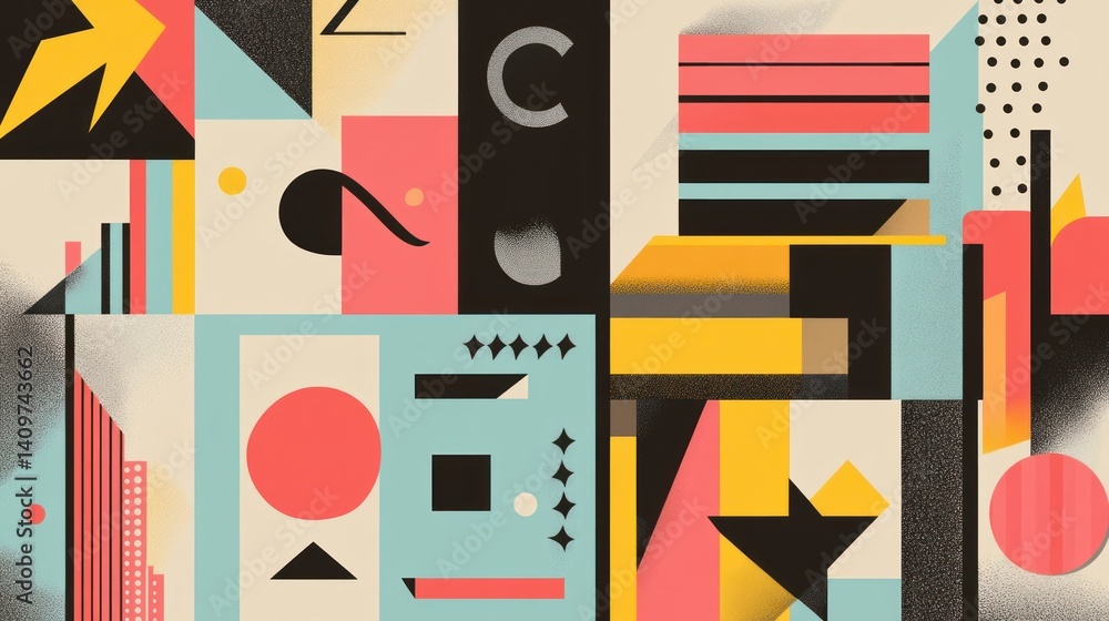 Poster dynamic geometric composition with a playful arrangement of shapes and patterns evoking a sense of m