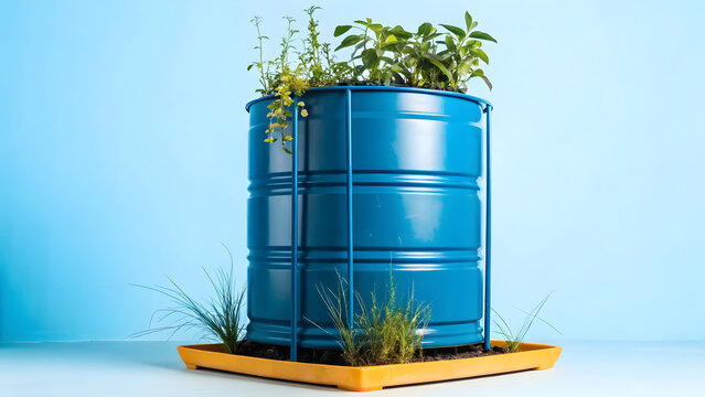 vibrant blue water tank repurposed as planter, showcasing lush greenery and herbs, adds unique touch to any space