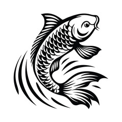 Koi Fish Elegant Silhouette, Flowing Fins, Detailed Scales, Black and White, Isolated