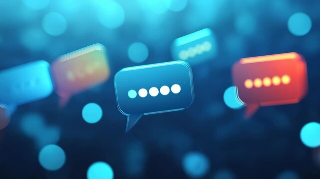 Creative GPT chat hologram with speech bubbles on blurred blue background. Artificial intelligence concept