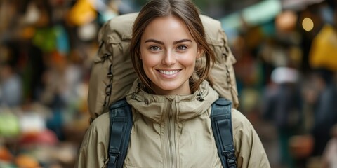 Fototapeta premium A smiling woman with a backpack is standing in a busy shopping area