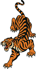 Flash Art vector illustration of a Old School Traditional tiger tattoo with vibrant colors and stylized design. Classic Tigers Tattoos colors and color palate scheme. Bold Black Outlines