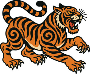 Flash Art vector illustration of a Old School Traditional tiger tattoo with vibrant colors and stylized design. Classic Tigers Tattoos colors and color palate scheme. Bold Black Outlines