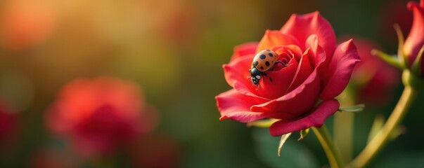 Close-up of ladybug crawling on a rose, closeup, insect