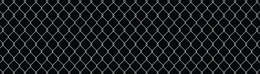 Minimalist repeating chain-link fence pattern in white on black. Symmetrical diamond grid design, flat vector illustration. Seamless geometric backdrop for technical, neutral themes.