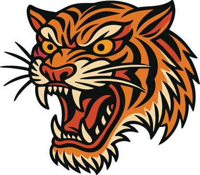 Flash Art vector illustration of a Old School Traditional tiger tattoo with vibrant colors and stylized design. Classic Tigers Tattoos colors and color palate scheme. Bold Black Outlines
