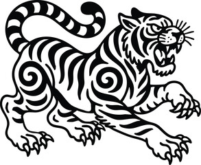 Flash Art vector illustration of a Old School Traditional tiger tattoo with vibrant colors and stylized design. Classic Tigers Tattoos Single Color color  Black and White Only. Bold Black Outlines
