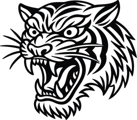 Flash Art vector illustration of a Old School Traditional tiger tattoo with vibrant colors and stylized design. Classic Tigers Tattoos Single Color color  Black and White Only. Bold Black Outlines