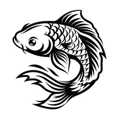 Intricate Black & White Koi Fish Illustration, Stylized Swimming Motion, Clean Design